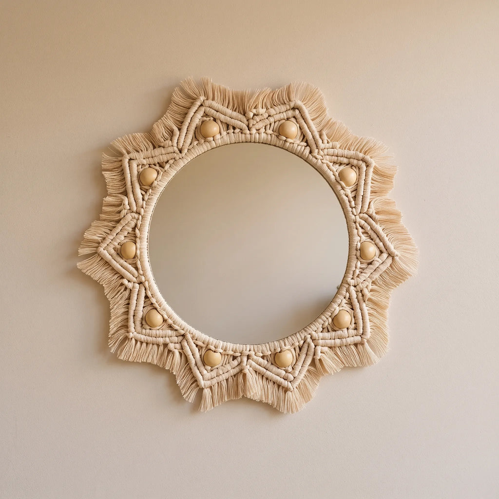 Céleste | Boho Wall Mirror with Wooden Bead Detail