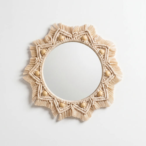 Céleste | Boho Wall Mirror with Wooden Bead Detail
