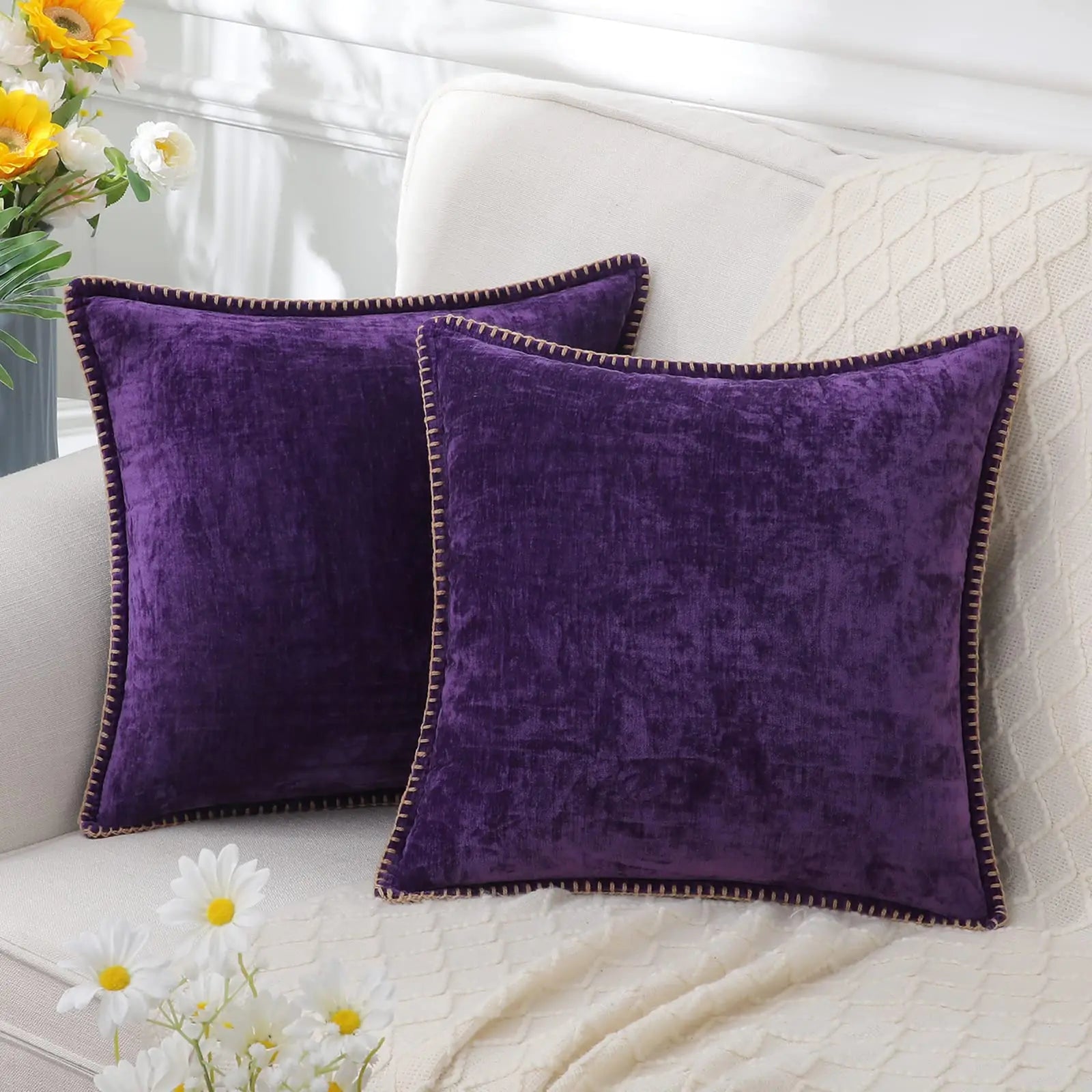 Lucienne | Chenille Pillow Cover with Stitched Border Detail