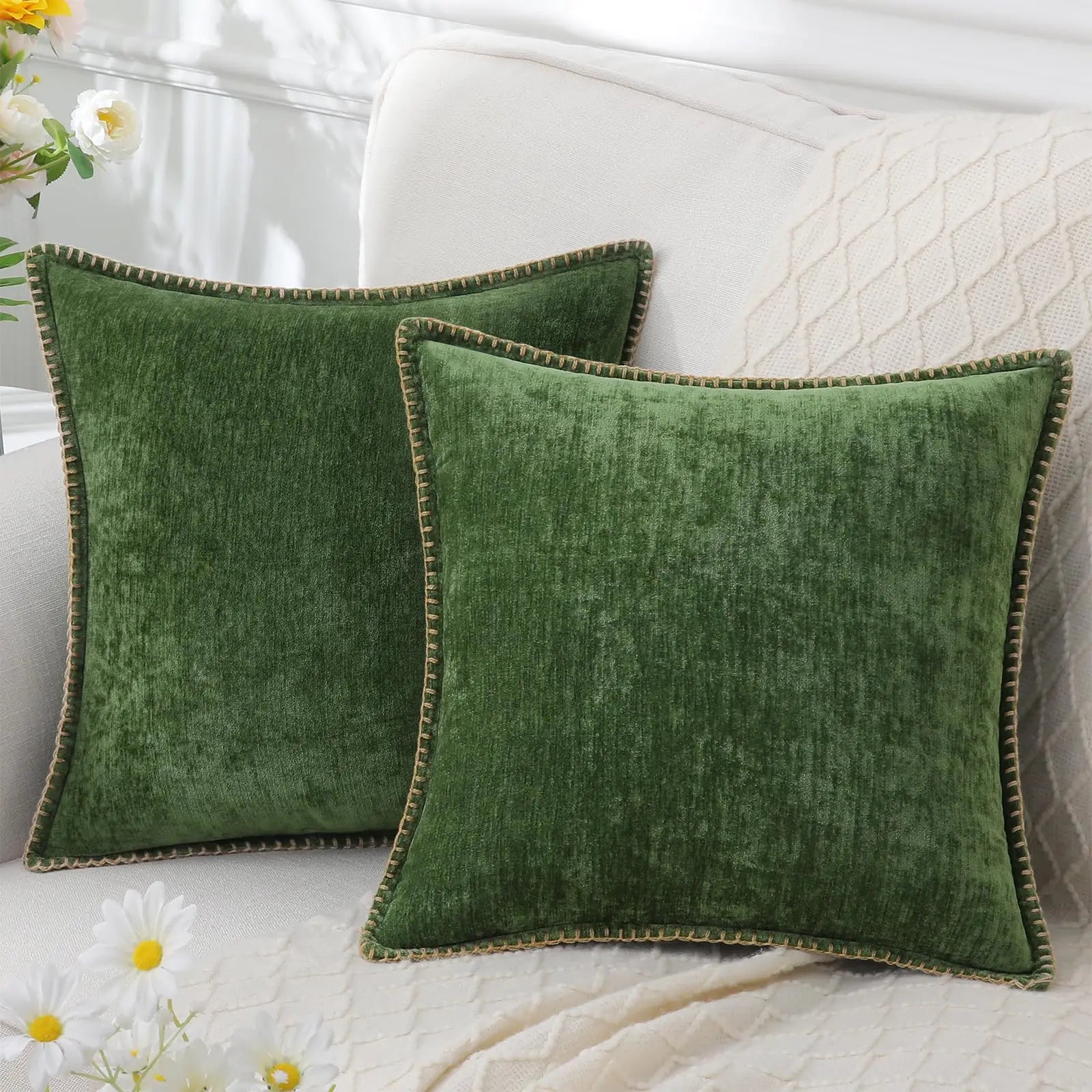Lucienne | Chenille Pillow Cover with Stitched Border Detail