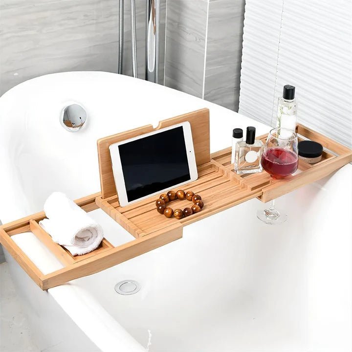 Katja | Extendable Wooden Bath Tray with Book Stand for Bathroom