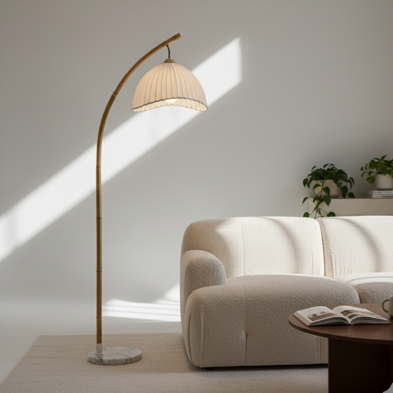 Sienna | Floor Lamp with Bamboo and Fabric Shade for Coastal Living Room