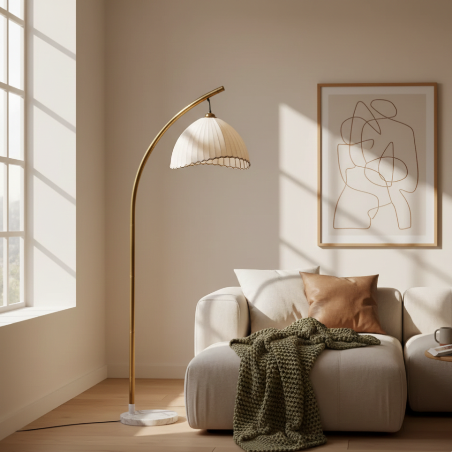 Sienna | Floor Lamp with Bamboo and Fabric Shade for Coastal Living Room