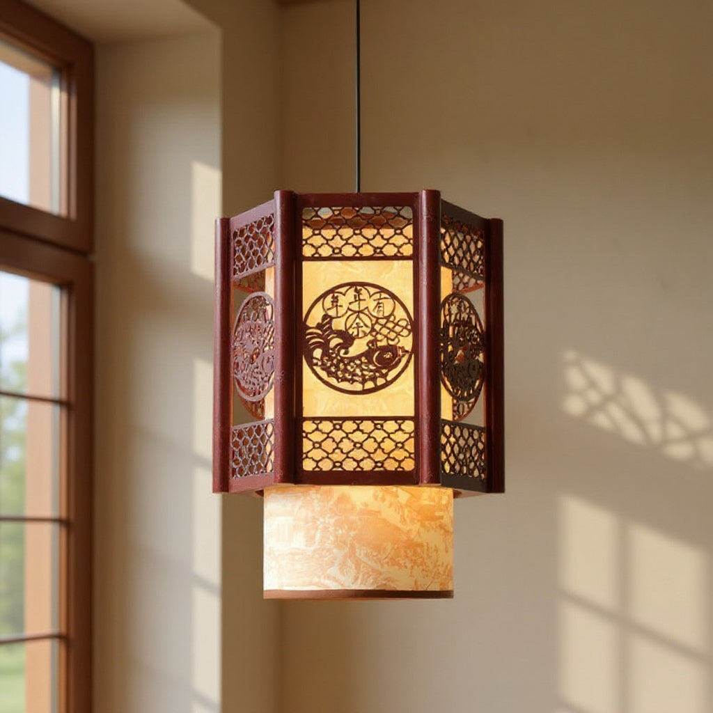 Élise | Chinese Pendant Lamp in Traditional Wood Cylinder Design for Dining Room