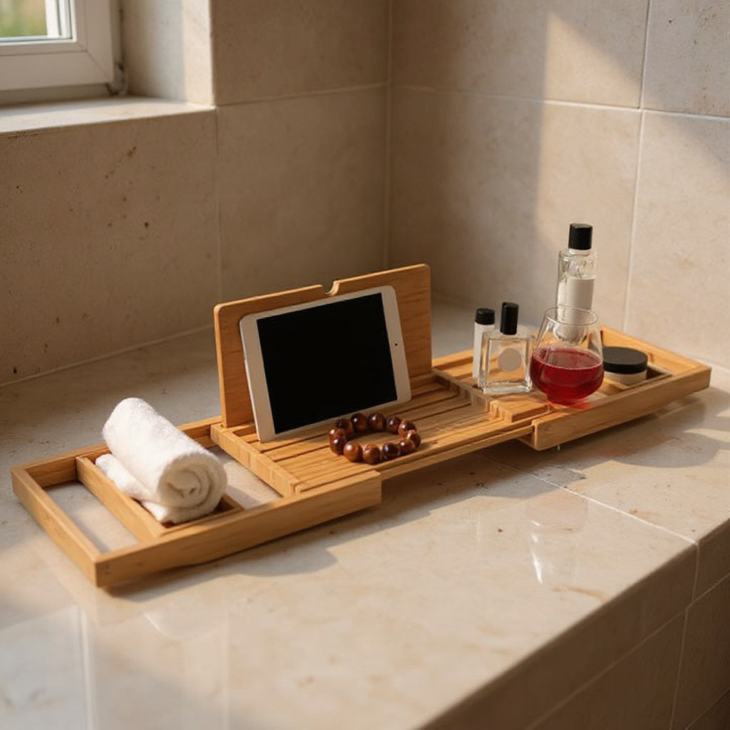Katja | Extendable Wooden Bath Tray with Book Stand for Bathroom