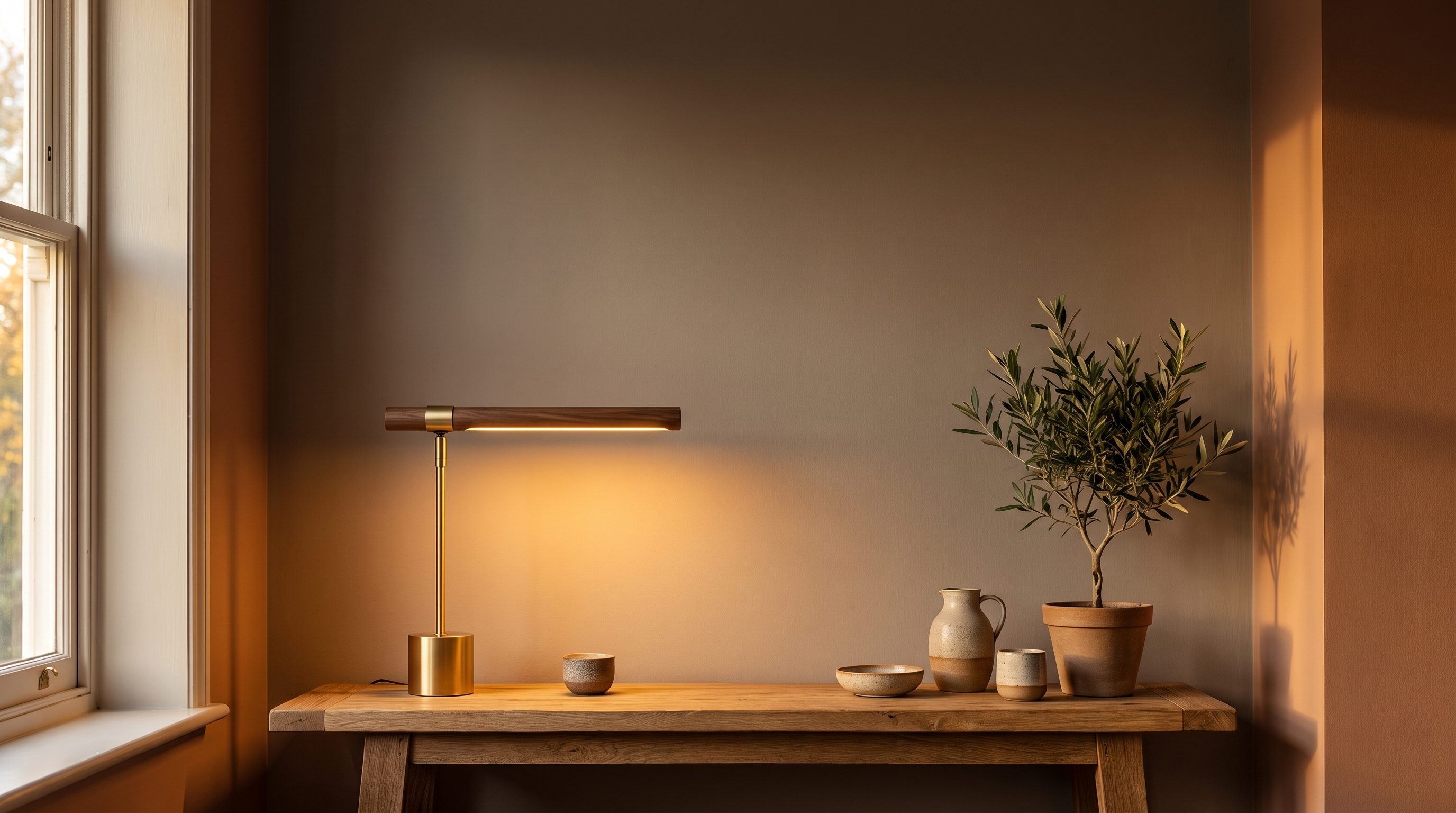 Casa Montclair walnut and brass table lamp glowing warm in a modern British living room at dusk